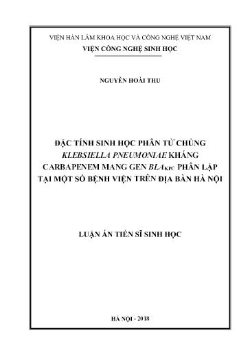 Đặc tính sinh học phân tử chủng Klebsiella pneumoniae kháng carbapenem mang gen blaKPC phân lập tại một số bệnh viện trên địa..