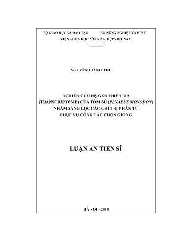 Nghiên cứu hệ gen phiên mã (transcriptome) của tôm sú (Penaeus monodon) nhằm sàng lọc các chỉ thị phân tử phục vụ công tác chọn..