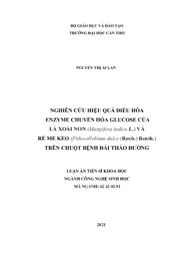 Nghiên cứu hiệu quả điều hòa enzyme chuyển hóa glucose của lá xoài non (Mangifera indica L.) và rễ me keo (Pithecellobium dulce..