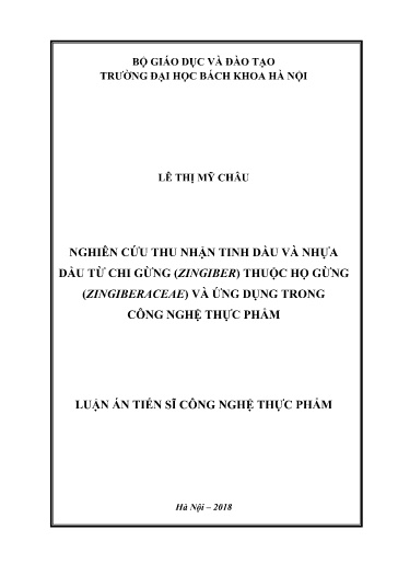 Nghiên cứu thu nhận tinh dầu và nhựa dầu từ chi Gừng (Zingiber) thuộc họ Gừng (Zingiberaceae) và ứng dụng vào..