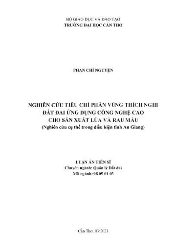 Nghiên cứu tiêu chí phân vùng thích nghi đất đai ứng dụng công nghệ cao cho sản xuất lúa và rau màu (Nghiên cứu cụ thể trong..