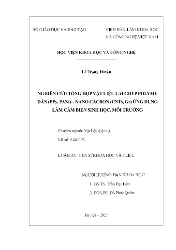 Nghiên cứu tổng hợp vật liệu lai ghép polyme dẫn (PPy, PANi) – nano cacbon (CNTs, Gr) ứng dụng làm cảm biến sinh học, môi..