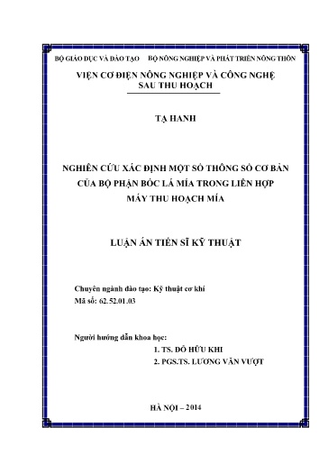 Nghiên cứu xác định một số thông số cơ bản của bộ phận bóc lá mía trong liên hợp máy thu hoạch mía