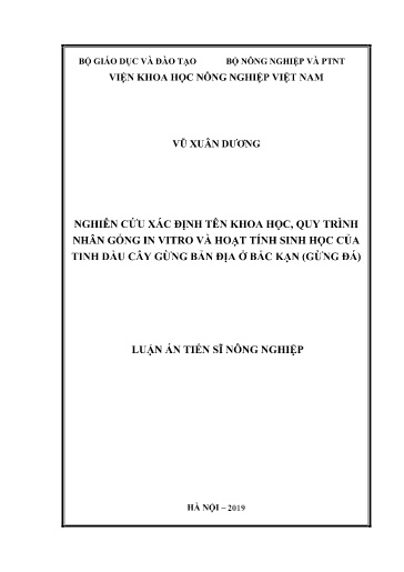 Nghiên cứu xác định tên khoa học, quy trình nhân giống in vitro và hoạt tính sinh học của tinh dầu cây gừng bản địa ở Bắc Kạn..